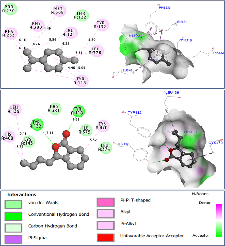 Intermolecular interactions in two and three dimensions, resulted between limonene (C2) and sedanenolide (C14) towards CYP51 protein from Candida albicans (5TZ1.pdb).