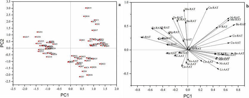 a) Score plot with the first two principal components of A. tanguticus. b) loading plot of PC1 and PC2 of A. tanguticus.