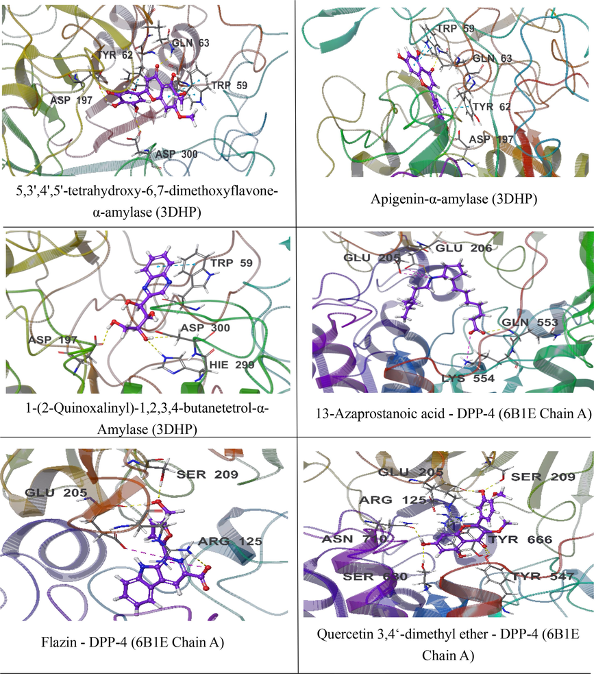 3D docking interaction of 3 compounds with α-amylase (3DHP) protein and DPP-4 (6B1E Chain A) protein.