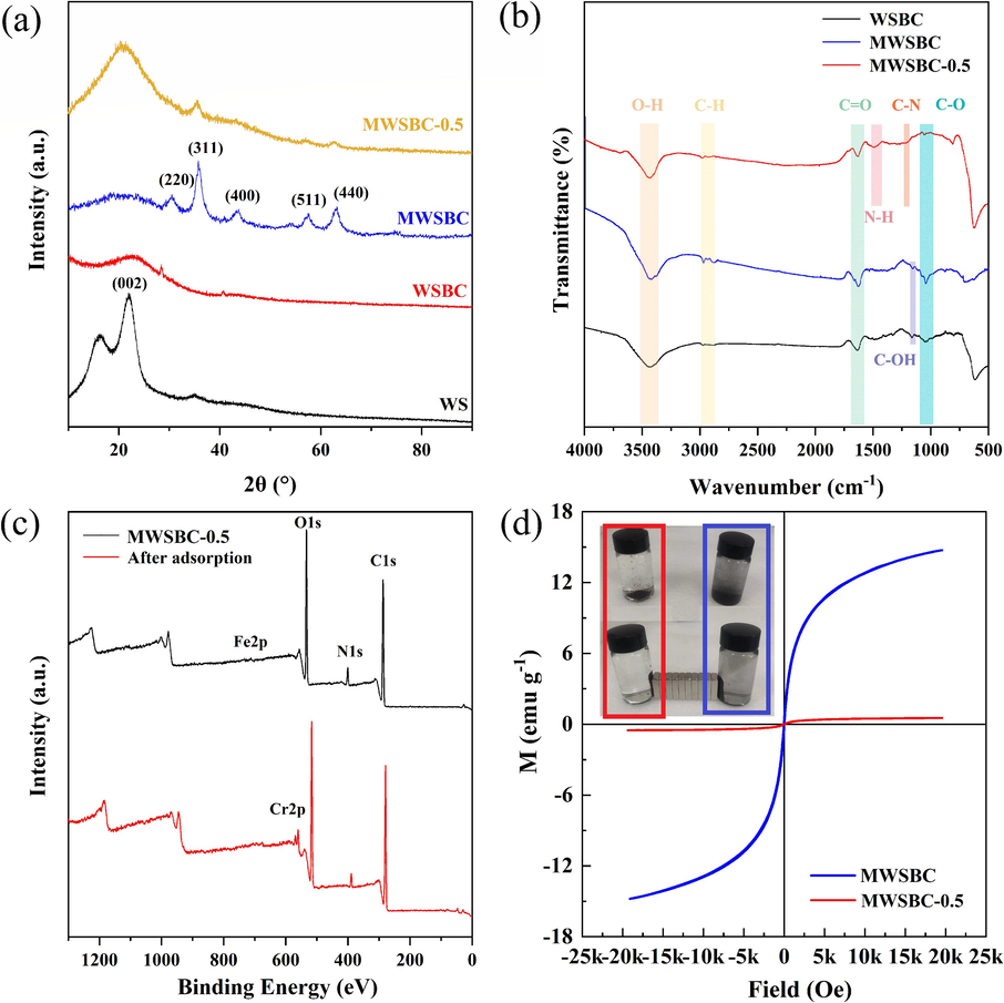 (a) XRD patterns of WS, WSBC, MWSBC and MWSBC-0.5, (b) FT-IR spectra of WSBC, MWSBC and MWSBC-0.5, (c) XPS spectra of MWSBC-0.5 and after adsorption, (d) VSM curves of MWSBC and MWSBC-0.5.