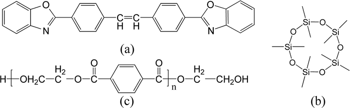 Molecular structure of (a) fluorescent whitening agent OB-1, (b) decamethylcyclopentasiloxane, and (c) polyester.