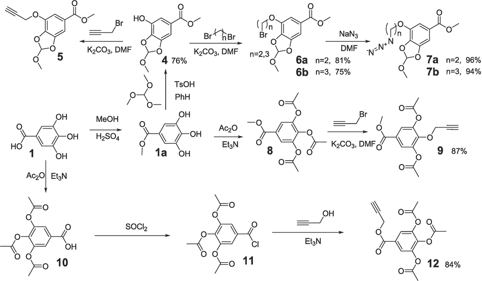 Synthesis of propargyl- and azide- substituted derivatives of gallic acid.