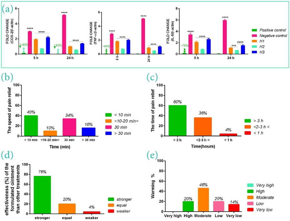 Anti-inflammatory effects of therapeutic oils at 50 μg/ml concentration on the expression of cytokines of COX-2, IL-6, and TNF-α (a), the speed of pain relief (b), the time of pain relief or analgesia period (i.e. the time interval between cessation of the pain, after using the bio-ointment, and its resumption) (c), the effectiveness of the formulated bio-ointment than other treatments (d), and warming function of therapeutic bio-ointment on the damaged area (e).