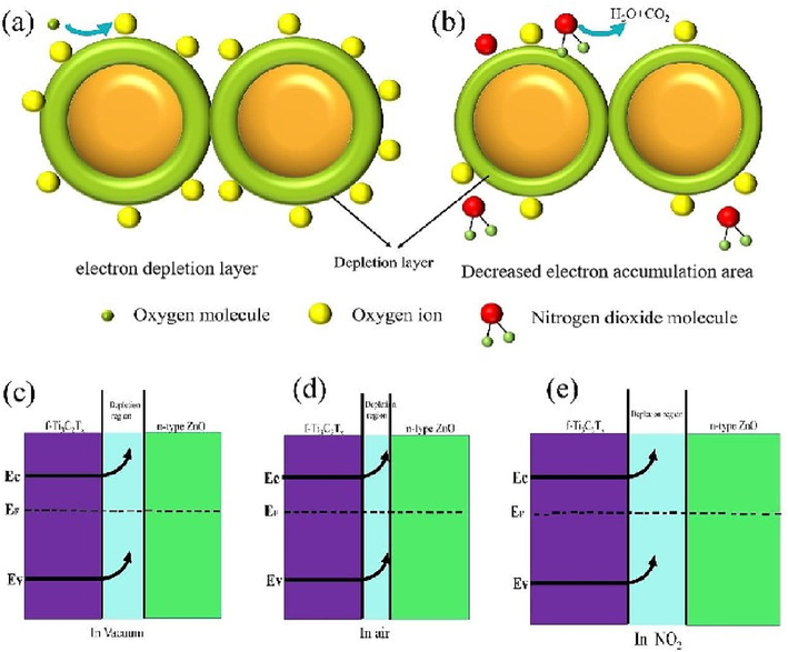 (a-b) Schematic illustration of the NO2 gas sensing mechanism of Ti3C2Tx/ZnO nanocomposite. Schottky barrier in (c) vacuum, (d) air, and (e) NO2.