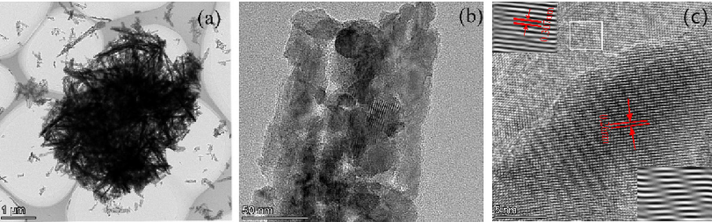 (a-b) TEM image of the synthesized Ti3C2Tx/ZnO composites from different perspectives; (c) HRTEM image showing the interlayer spacing of the synthesized Ti3C2Tx/ZnO composites.