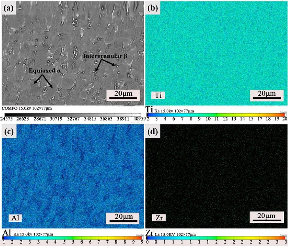 Surface EPMA analysis of Ti552 alloy after annealing at 750 ℃:(a) scanning surface, (b) Ti, (c) Al, and (d) Zr.