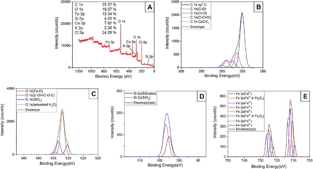 (A) The wide-scan XPS and (B-E) high-resolution C 1 s, O 1 s, Si 2p, and Fe 2p spectra of MPRA1-2-800.