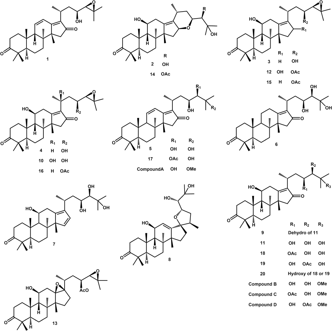 The structure of 20 reported triterpenes (a) and 4 new triterpenes (b).