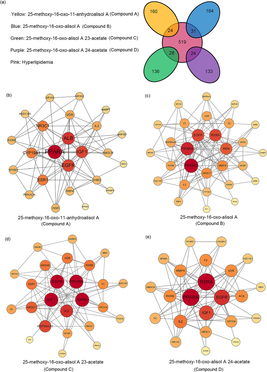 Prediction of anti-hyperlipidemic activity of four new triterpenoids. (a) Crossover targets of new compounds and hyperlipidemia. PPI analysis of crossover targets from 25-methoxy-16-oxo-11-anhydroalisol A (a), 25-methoxy-16-oxo-alisol A (b), 25-methoxy-16-oxo-alisol A 23-acetate (c) and 25-methoxy-16-oxo-alisol A 24-acetate (d) to hyperlipidemia.