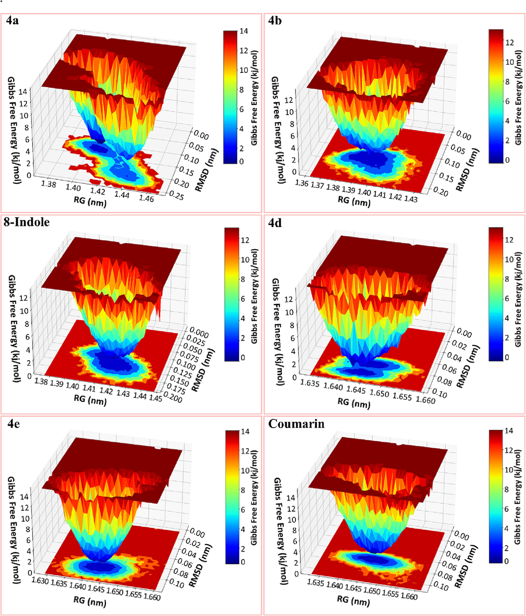 The Gibbs free energy landscape (FEL) was plotted and color-coded using Root Mean Square Deviation (RMSD) and Radius of Gyration (RoG) values.