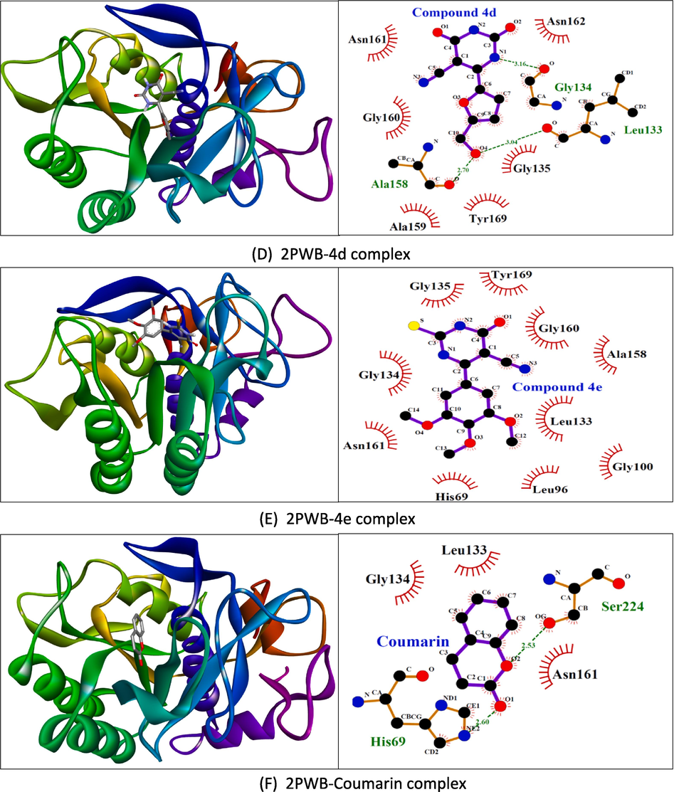 Molecular docking results showing 3D docked pose and two-dimensional binding interactions of proteinase K (PDBID: 2PWB) with compound 4d (D), compound 4e (E), and coumarin (F).