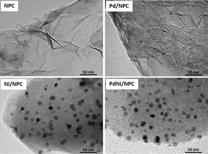 TEM micrograph of the NPC, Pd/NPC, Ni/NPC and PdNi/NPC catalysts.