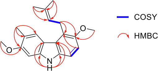 Key HMBC and COSY of compound 9.