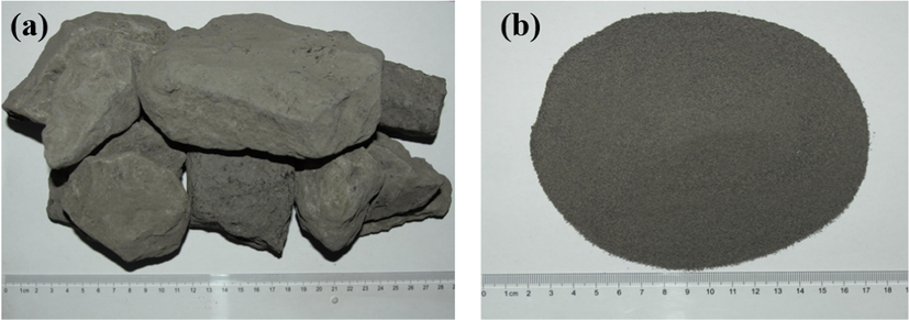 Coal gangue raw materials, (a) block coal gangue, (b). 100–200 mesh coal gangue.