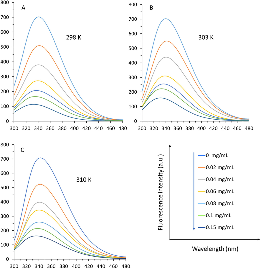 Fluorescence quenching study of α-glucosidase at three different temperatures of 298 K (A), 303 K, and 310 K (C) in the presence of varying concentrations of TPT as determined by fluorescence spectroscopy. α-Glucosidase solution (3 mL, 1 U/mL) was titrated by the addition of 2 µL of TPT (0, 0.02, 0.04, 0.06, 0.08, 0.1, and 0.15 mg/mL). After the incubation for 2 min, the fluorescence spectra were read, while the excitation wavelength was set at 280 nm.