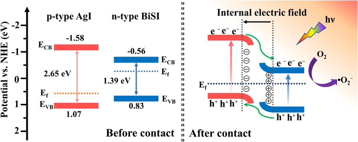 Schematic band structures and charge transfer processes of AgI/BiSI p-n heterojunction photocatalysts under visible light irradiation.