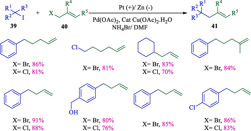 Electrochemical allylic alkylation between allylic and alkyl halides.