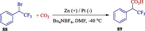 Electrochemical carboxylation of 1-bromo-2,2,2-trifluoroethyl benzene.