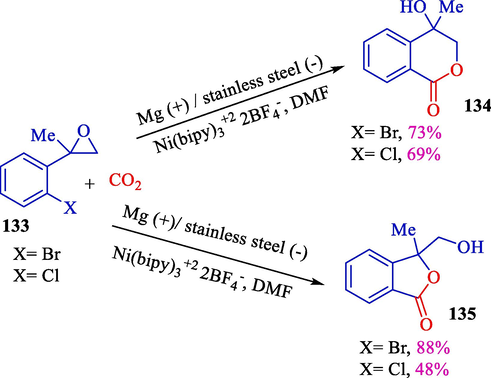 Electrosynthesis of cyclic carbonates and benzolactones from epoxide-aryl halides.