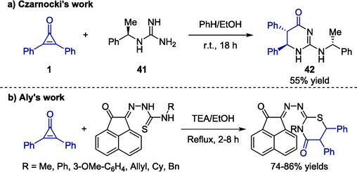 Formal [3 + 3] annulation reactions between cyclopropenones with guanidine or thiourea group.