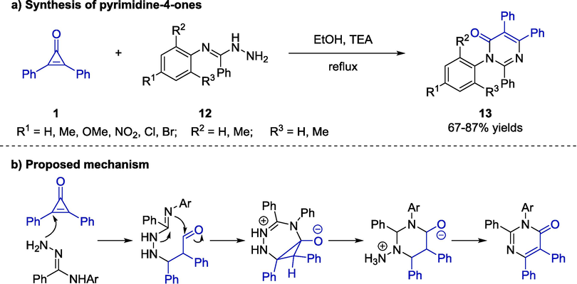Triethylamine-catalyzed cycloaddition reactions between cyclopropenone and amidrazones.