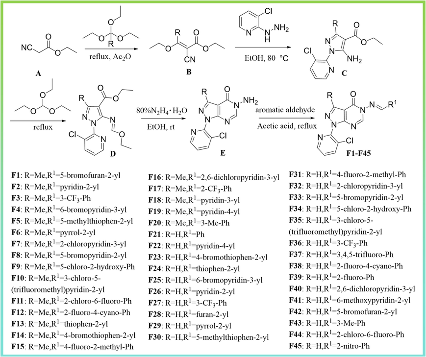 Synthesis of pyrazolopyrimidine derivatives with hydrazone structure F1-F45.