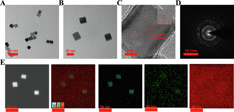 Formation and characterization of Pd cubes. (A, B) TEM images. (C) HRTEM image. (D) SAED image. (E) EDS mapping image.