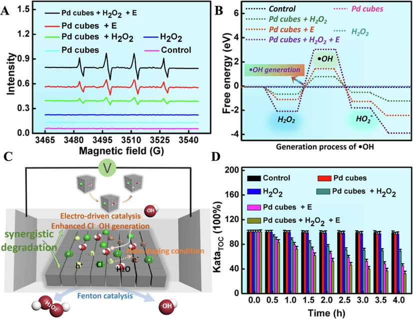 Catalytic degradation mechanism of MB by Pd cubes. (A) EPR spetra. (B) DFT calculation. (C) Schematic representation of the combined degradation of Pd cubes. (D) TOC removal rate of MB aqueous solution.