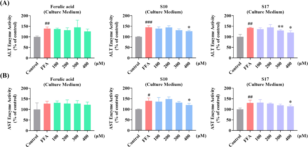 Impact of S10 and S17 on FFA-Induced ALT and AST activity in HepG2 cells. (A) Measurement of ALT activity in culture medium via fluorescence absorption following treatment with designated concentrations of S10 or S17 in the absence or presence of 1 mM FFA for 24 h, with FA serving as a control. (B) Measurement of AST activity in culture medium via fluorescence absorption following treatment with designated concentrations of S10 or S17 in the absence or presence of 1 mM FFA for 24 h, with FA serving as a control. The data, derived from three independent experiments, are presented as mean ± SD. # P < 0.05, ## P < 0.01, ### P < 0.001versus the control group. * P < 0.05, ** P < 0.01 versus the FFA (1 mM) group.