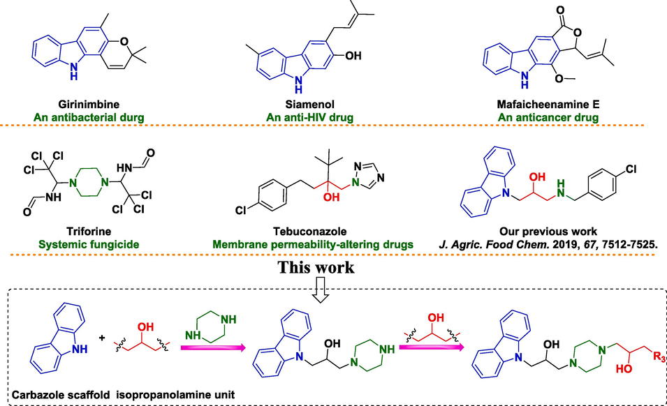 Some carbazole, piperazine, and isopropanolamine structures and the design strategy of title molecules.