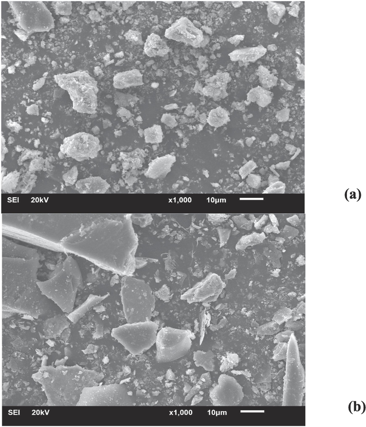SEM micrographs with 1000x for a) AD and b) SB; components of elemental analysis using EDS for c) AD and d) SB.