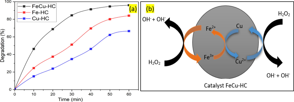 (a) Degradation efficiency of MO dye by the different prepared catalysts, (b) Schematic illustration of heterogeneous Fenton reactions using Fe/Cu-HC catalysts. Reaction conditions. [MO] = 20 mg. l-1, Catalyst mass = 0.5 g.l-1, [H2O2] = 4 mM, pH = 3, T = 35 °C, t = 60 min.