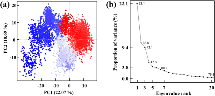 Results of PCA analysis, (a) The first two principal components analysis; (b) The contribution of the top 20 principal components.