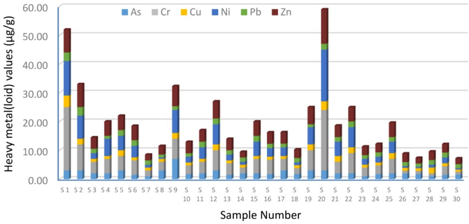 Distribution of heavy metal(loid)s in sediments obtained from Salwa Bay area.