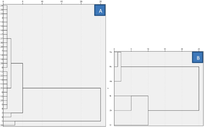 A. Q mode-HCA of soil samples; B. R mode-HCA of HMs.