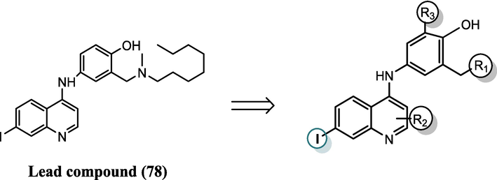 Scaffold chemical structure derived from the lead compound with highlighted substitution sites (R1, R2, R3) maintaining crucial Iodine for inhibition activity.