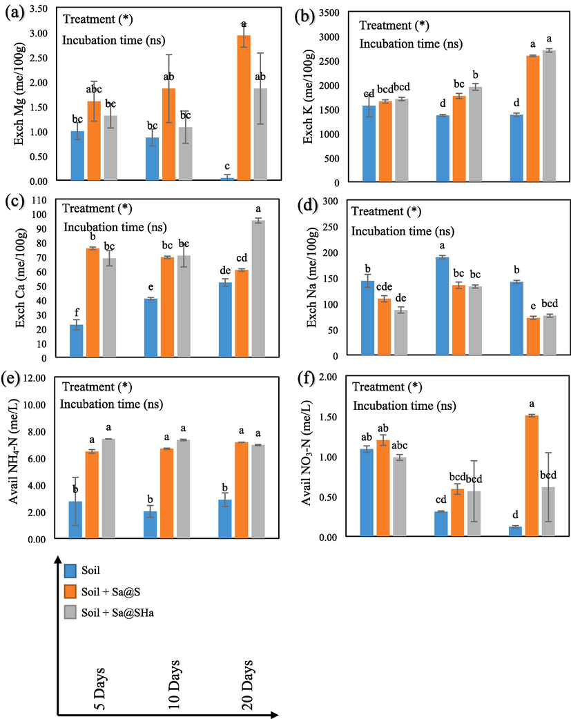 Soil characteristics (Exchangeable Mg, K, Ca, Na, Available NH4-N, and NO3-N) in saline soil regarding hydrogel beads application at different incubation times. The vertical bars indicate the mean standard error. Avail: Available, Exch: Exchangeable. Control: soil only, Sa@S: soil + Sa@S samples, Sa@SHa: soil + Sa@SHa samples. Statistically significant at a significance level of P ≤ 0.05 in Tukey's test.