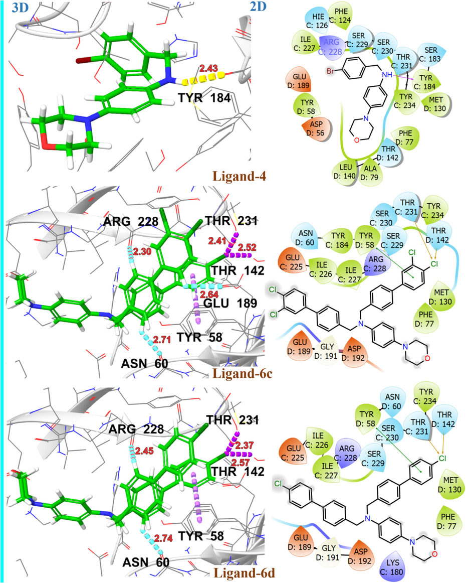 2D and 3D representation of ligands 4, 6c and 6d with GABA-A receptor (PDB ID: 8G5G).