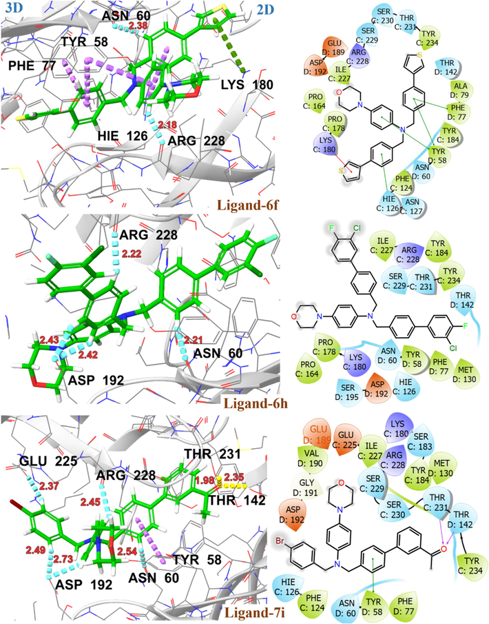 2D and 3D representation of ligands 6f, 6 h and 7i with GABA-A receptor (PDB ID: 8G5G).