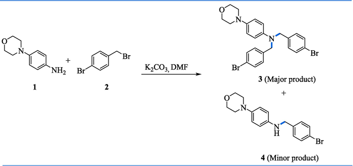 Synthesis of N, N-bis(4-bromobenzyl)-4-morpholinyl amine (3)a. aConditions: (i) 1 (1 equiv, 0.5 g, 2.81 mmol), 2 (2.2 equiv., 1.55 g, 6.2 mmol), K2CO3 (3 equiv., 1.24 g, 8.43 mmol), and DCM (40 mL), stirring 24 h, rt.