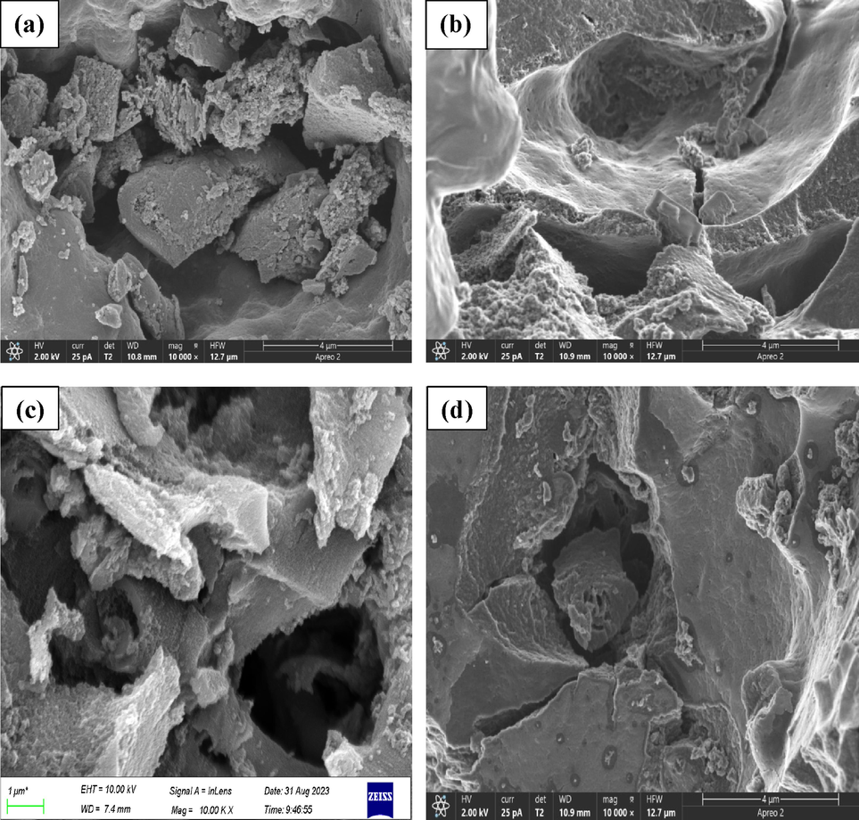 SEM micrographs of (a) EAC, (b) EAC-T, (c) EAC-H and (d) EAC-3H-2T samples.