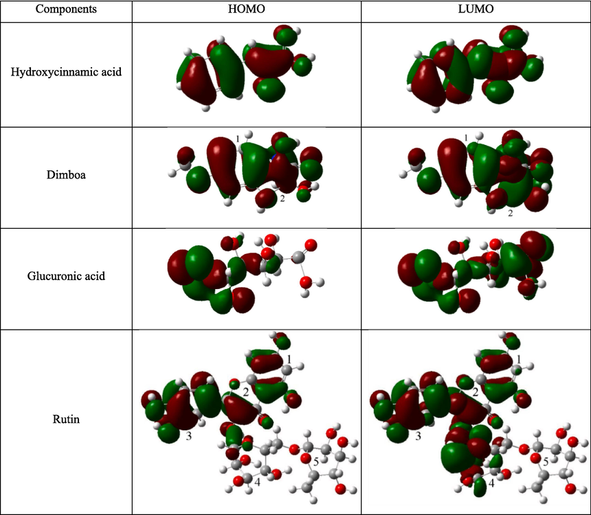 Frontier molecular orbital distributions of the typical active ingredients in ZMBE in the protonated state.