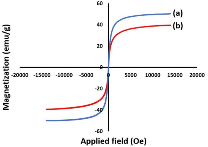 VSM curves of (a) Fe3O4@COF and (b) Fe3O4@COF-TFA.