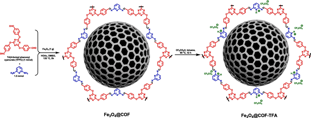 Synthesis of Fe3O4@COF and Fe3O4@COF-TFA.