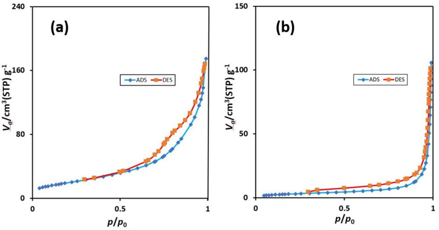 Nitrogen adsorption/desorption isotherms of (a) Fe3O4@COF and (b) Fe3O4@COF-TFA.