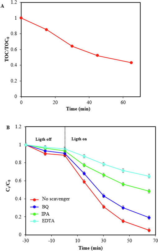 Change of TOC during TC photodegradation (A), and effect of various scavengers on TC photodegradation over ZIF-8/g-C3N4/CuFe2O4 with constant amount of CPhotocatalyst = 0.75 g/L, CTC=15 ppm, and pH=5 (B).