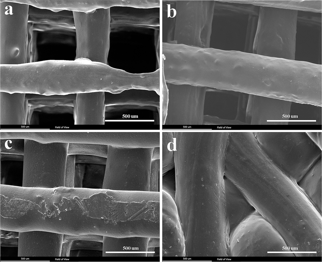 SEM images of the scaffolds. PLA-PCL-G, b) PLA-G, c) PCL-G, and d) PLA-PCL.