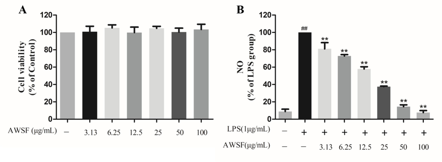 Inhibitory effect of AWSF on LPS-induced NO production in RAW 264.7 cells. (A) Effect of AWSF on the survival rate of normal macrophages. (B) Effect of AWSF on NO release from macrophages. Data are shown as mean ± SD of three independent experiments. ##P < 0.01 vs. untreated control; **P < 0.01 vs. model group.