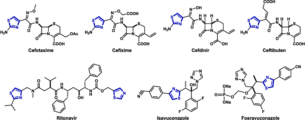 Some thiazole-containing clinically used antimicrobial drugs.