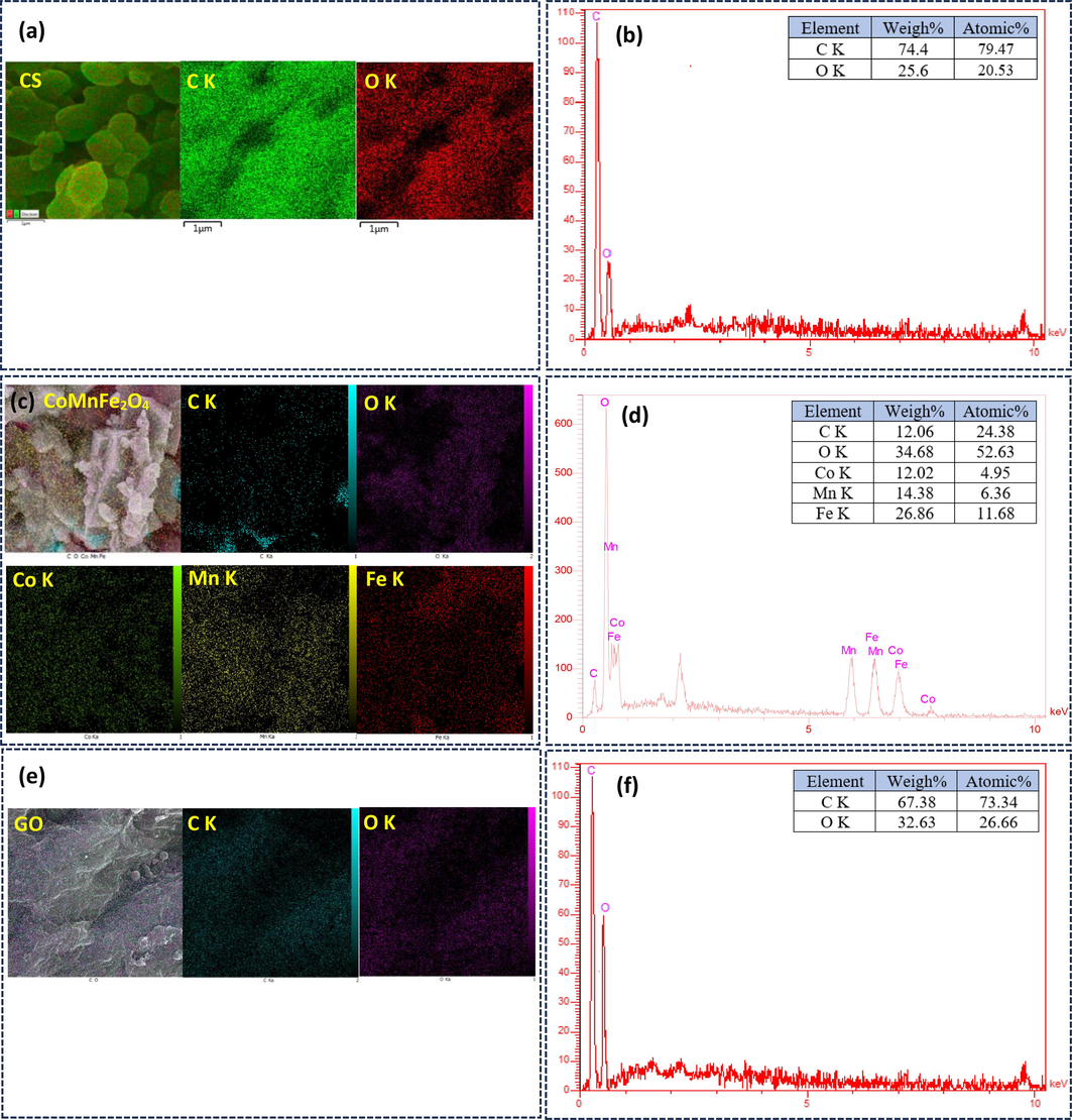 Elemental mapping micrographs for (a, c, e, and g) CS, pure CMFO hollow microstructures, GO nanosheets, and CMFO/GO NCs, along with their EDX spectra (b, d, f, and h).